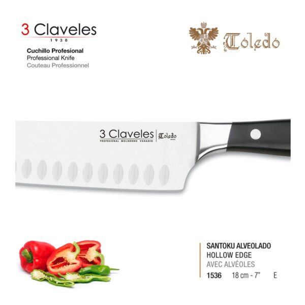 3 Claveles Toledo Set Cuchillos de Cocina (Verduras 9 cm + Santoku 18 cm +  Cocinero 20 cm)